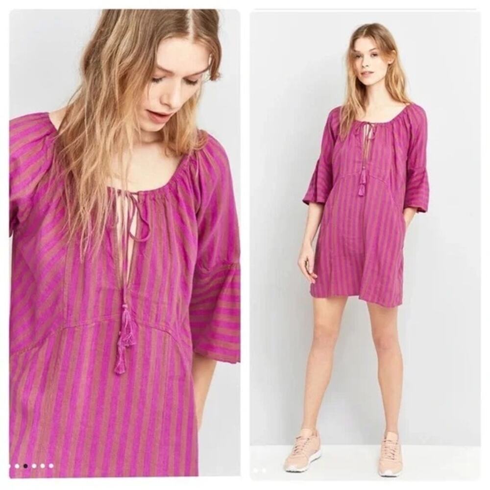 Free People Folk Town Striped Linen Tassel Tie Mini Dress in Orchid Combo Size S